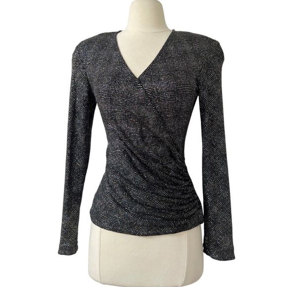 Peak 90s Gal Rainbow Metallic Sparkle Ruched Surplice V-neck Long Sleeve Blouse - Picture 1 of 7